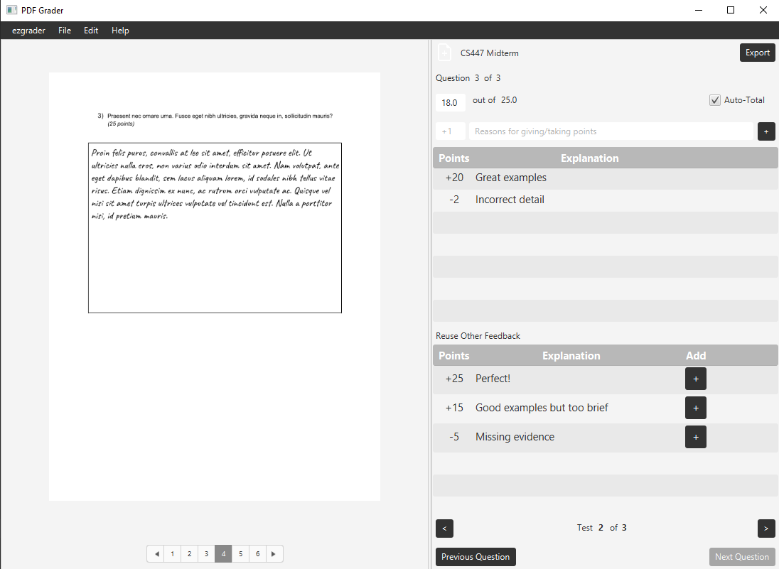 Grading screen for Test Grader app